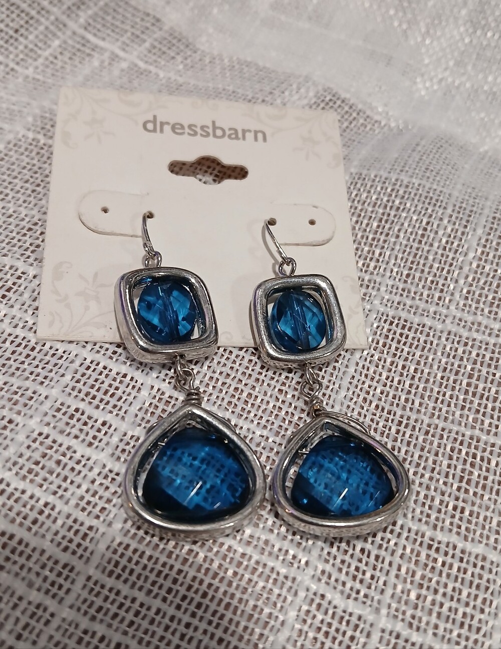 dressbarn Silver-Tone Earrings, 2 Tier GORGEOUS Bright Blue Stones - NWT on Card